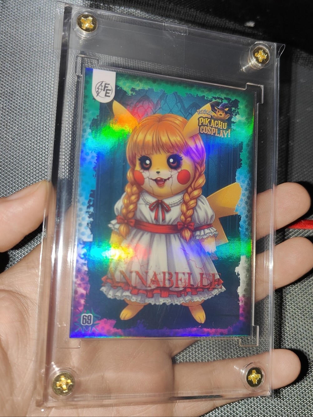 Annabelle Conjuring holo encased Pikachu Cosplay Horror card Unofficial Pokemon